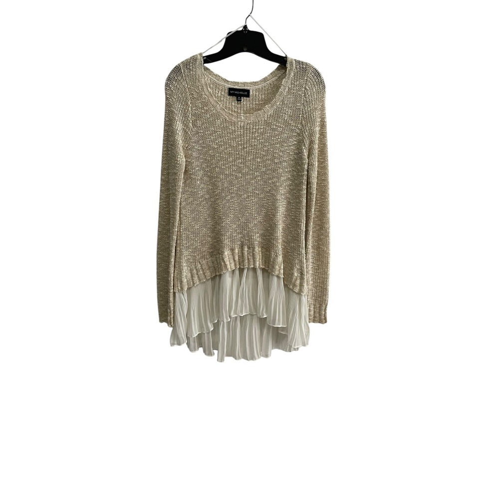 My Michelle Sweater‎ Knit Top Pleated Ruffle Hem Long Sleeve Boho Beige Gold M